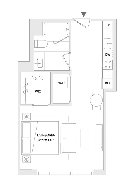 Floor plan for studio, 1 bath, 602 sqft